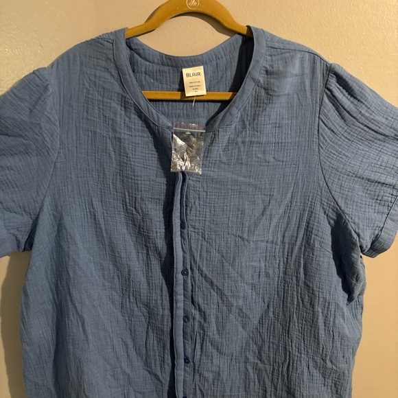 Blair Blue Textured Cotton Button-Front  Summer Casual Tunic Shirt Top - Picture 6 of 9
